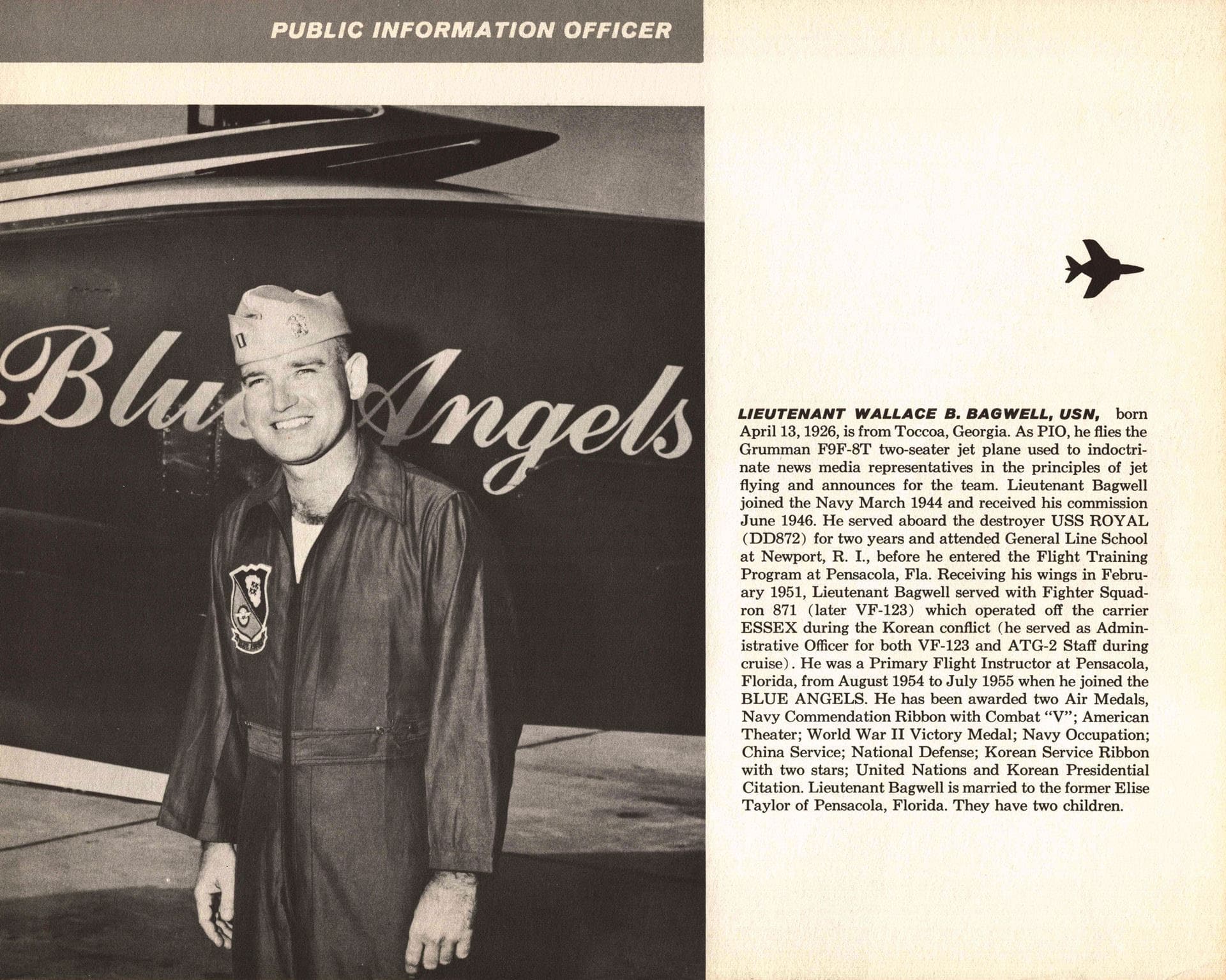 1957 Blue Angels Yearbook page featuring Lt. Bruce Bagwell